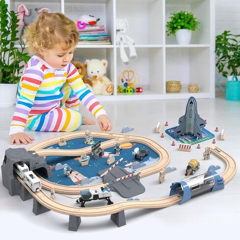 82 Pcs Wooden Train Set for Toddlers, Magnetic Train with Track for Kids Ages 3-6, Compatiable with Major Brands, Space Railway Playset Gifts for Boys and Girls Ages 3+ in Kuwait