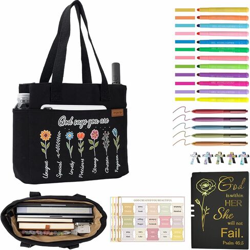 25 PCS Bible Study Supplies Kit, Large Capacity Canvas Tote Bag for Women Organizer, Bible Highlighters and Quick Dry Pens No Bleed Through, Notebook Bible Tabs Cross Bookmark Journaling Accessories in Saudi Arabia