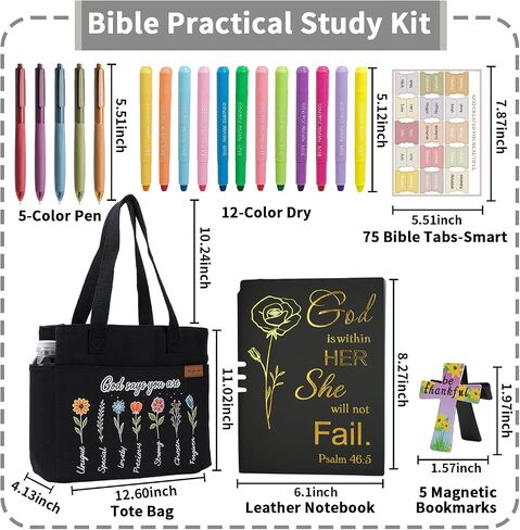25 PCS Bible Study Supplies Kit, Large Capacity Canvas Tote Bag for Women Organizer, Bible Highlighters and Quick Dry Pens No Bleed Through, Notebook Bible Tabs Cross Bookmark Journaling Accessories in Saudi Arabia