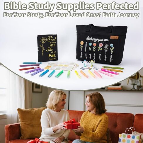 25 PCS Bible Study Supplies Kit, Large Capacity Canvas Tote Bag for Women Organizer, Bible Highlighters and Quick Dry Pens No Bleed Through, Notebook Bible Tabs Cross Bookmark Journaling Accessories in Saudi Arabia