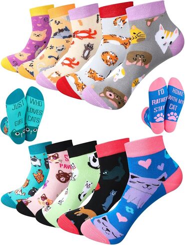 10 Pairs Cute Cat Socks for Women Novelty Cat Lady Low Cut Ankle Socks Christmas Holiday Birthday Gift for Cat Lovers in Saudi Arabia