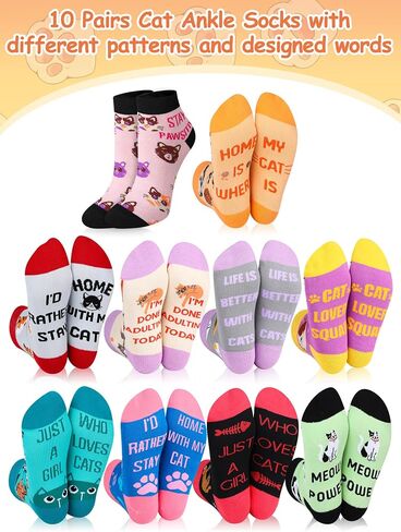 10 Pairs Cute Cat Socks for Women Novelty Cat Lady Low Cut Ankle Socks Christmas Holiday Birthday Gift for Cat Lovers in Saudi Arabia