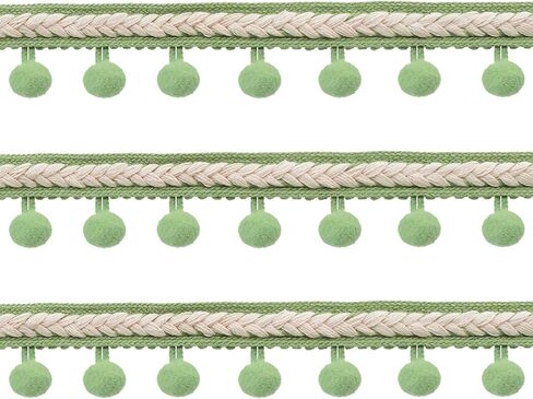 QLCBELOVE Vintage Fringe Trim Tassel, 5 Yards Boho Long Tassel Trim Sewing Pom Pom Ribbon for Curtain, Lamp Shade, Clothes, Crafts, Accessories, Home Decor (Vanilla Green-Pom) in Kuwait