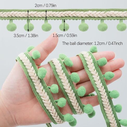 QLCBELOVE Vintage Fringe Trim Tassel, 5 Yards Boho Long Tassel Trim Sewing Pom Pom Ribbon for Curtain, Lamp Shade, Clothes, Crafts, Accessories, Home Decor (Vanilla Green-Pom) in Kuwait
