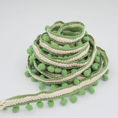 QLCBELOVE Vintage Fringe Trim Tassel, 5 Yards Boho Long Tassel Trim Sewing Pom Pom Ribbon for Curtain, Lamp Shade, Clothes, Crafts, Accessories, Home Decor (Vanilla Green-Pom) in Kuwait