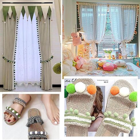 QLCBELOVE Vintage Fringe Trim Tassel, 5 Yards Boho Long Tassel Trim Sewing Pom Pom Ribbon for Curtain, Lamp Shade, Clothes, Crafts, Accessories, Home Decor (Vanilla Green-Pom) in Kuwait