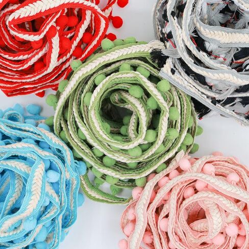QLCBELOVE Vintage Fringe Trim Tassel, 5 Yards Boho Long Tassel Trim Sewing Pom Pom Ribbon for Curtain, Lamp Shade, Clothes, Crafts, Accessories, Home Decor (Vanilla Green-Pom) in Kuwait