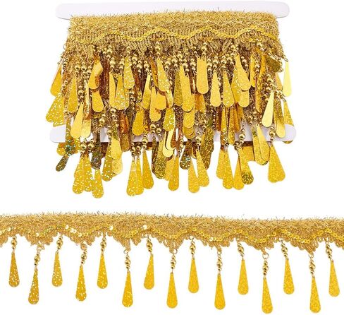 PH PandaHall 4.6~5 Yards Golden Fringe Trim, 4 inch Filigree Lace Ribbon with Teardrop Bead Tassel Sewing Edging Trim Fabric Decorative Trim for Curtain Lampshade Costume Craft Home Decor in Saudi Arabia