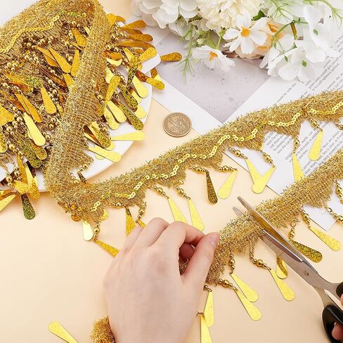 PH PandaHall 4.6~5 Yards Golden Fringe Trim, 4 inch Filigree Lace Ribbon with Teardrop Bead Tassel Sewing Edging Trim Fabric Decorative Trim for Curtain Lampshade Costume Craft Home Decor in Saudi Arabia