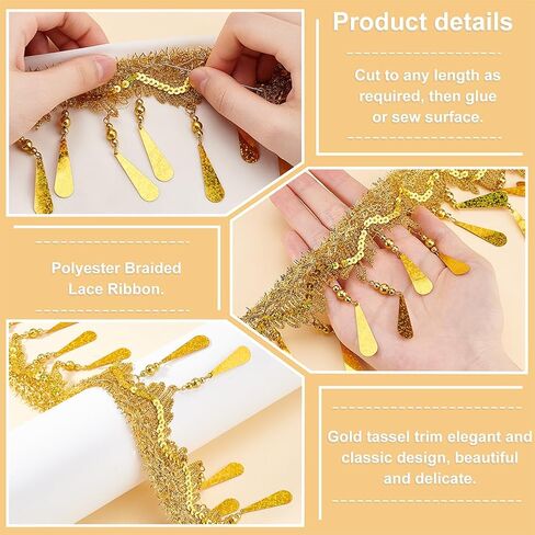 PH PandaHall 4.6~5 Yards Golden Fringe Trim, 4 inch Filigree Lace Ribbon with Teardrop Bead Tassel Sewing Edging Trim Fabric Decorative Trim for Curtain Lampshade Costume Craft Home Decor in Saudi Arabia