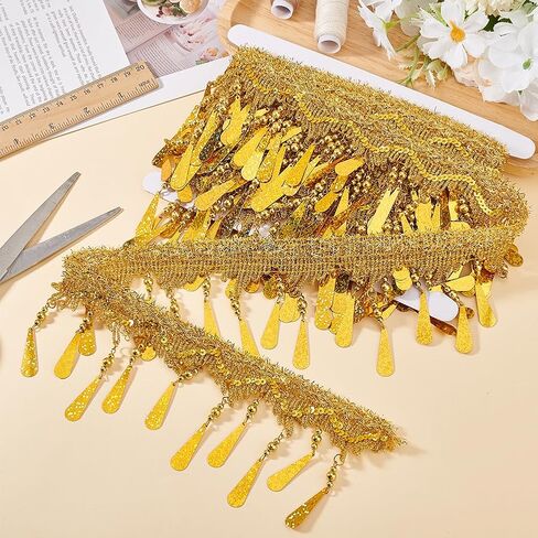 PH PandaHall 4.6~5 Yards Golden Fringe Trim, 4 inch Filigree Lace Ribbon with Teardrop Bead Tassel Sewing Edging Trim Fabric Decorative Trim for Curtain Lampshade Costume Craft Home Decor in Saudi Arabia