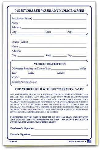 "As is" Dealer Warranty Disclaimer Form 2 Part Vehicle Sale Car Lot Auto Dealer Supplies in Saudi Arabia