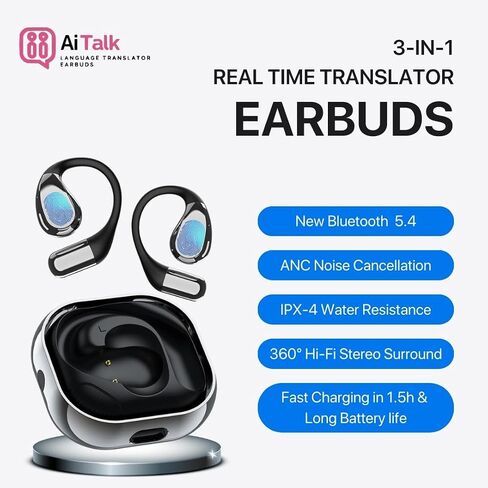 AI Translation Earbuds Real Time, 3-in-1, Language Translator Earbuds, 144 Languages & Accents, ANC Noise Cancellation, Smart App Compatible with iOS & Android, Travel Business and Learning (X5 PRO) in Saudi Arabia
