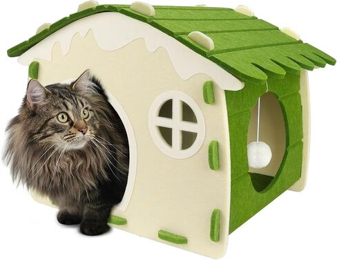 Babepets Cat House for Indoor Cats, Medium Felt Bed Cave with Ball Hanging, Foldable Detachable Cats Condo, Scratch Resistant Hideaway for Multiple Pets up to 20Lbs, House Cat Playhouse, Army Green in Saudi Arabia