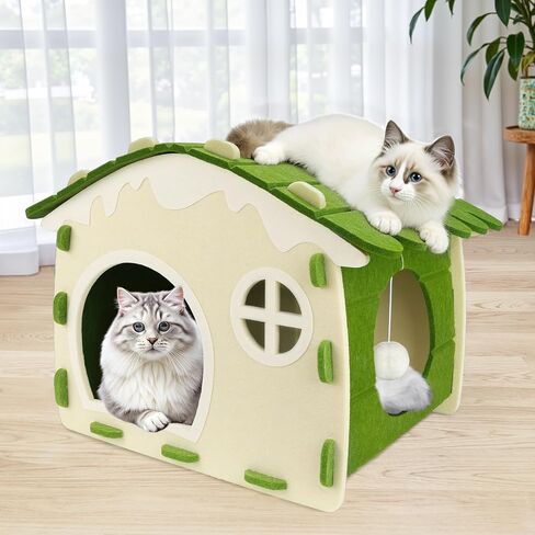 Babepets Cat House for Indoor Cats, Medium Felt Bed Cave with Ball Hanging, Foldable Detachable Cats Condo, Scratch Resistant Hideaway for Multiple Pets up to 20Lbs, House Cat Playhouse, Army Green in Saudi Arabia