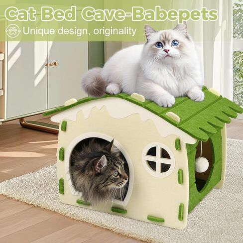 Babepets Cat House for Indoor Cats, Medium Felt Bed Cave with Ball Hanging, Foldable Detachable Cats Condo, Scratch Resistant Hideaway for Multiple Pets up to 20Lbs, House Cat Playhouse, Army Green in Saudi Arabia