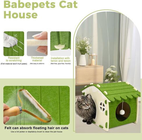 Babepets Cat House for Indoor Cats, Medium Felt Bed Cave with Ball Hanging, Foldable Detachable Cats Condo, Scratch Resistant Hideaway for Multiple Pets up to 20Lbs, House Cat Playhouse, Army Green in Saudi Arabia