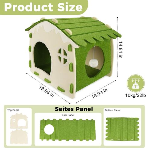 Babepets Cat House for Indoor Cats, Medium Felt Bed Cave with Ball Hanging, Foldable Detachable Cats Condo, Scratch Resistant Hideaway for Multiple Pets up to 20Lbs, House Cat Playhouse, Army Green in Saudi Arabia