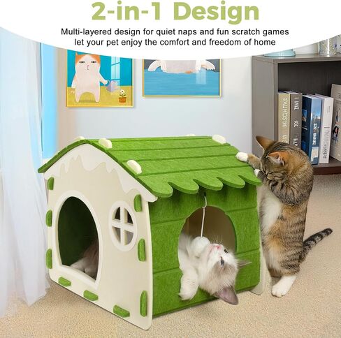 Babepets Cat House for Indoor Cats, Medium Felt Bed Cave with Ball Hanging, Foldable Detachable Cats Condo, Scratch Resistant Hideaway for Multiple Pets up to 20Lbs, House Cat Playhouse, Army Green in Saudi Arabia