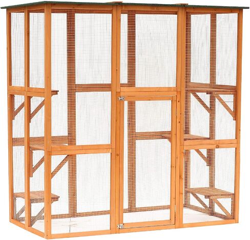 PawHut Outdoor Cat House Big Catio Wooden Feral Cat Shelter Enclosure with Large Spacious Interior, 6 High Ledges, Weather Protection Asphalt Roof, 71" L, White in Saudi Arabia
