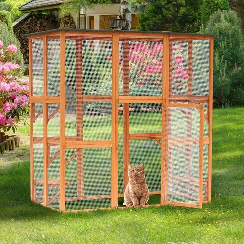 PawHut Outdoor Cat House Big Catio Wooden Feral Cat Shelter Enclosure with Large Spacious Interior, 6 High Ledges, Weather Protection Asphalt Roof, 71" L, White in Saudi Arabia
