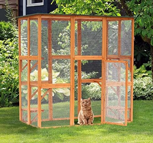 PawHut Outdoor Cat House Big Catio Wooden Feral Cat Shelter Enclosure with Large Spacious Interior, 6 High Ledges, Weather Protection Asphalt Roof, 71" L, White in Saudi Arabia