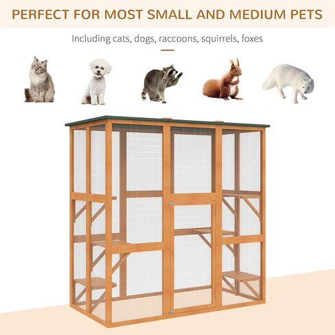 PawHut Outdoor Cat House Big Catio Wooden Feral Cat Shelter Enclosure with Large Spacious Interior, 6 High Ledges, Weather Protection Asphalt Roof, 71" L, White in Saudi Arabia