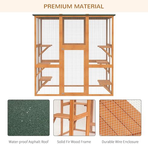 PawHut Outdoor Cat House Big Catio Wooden Feral Cat Shelter Enclosure with Large Spacious Interior, 6 High Ledges, Weather Protection Asphalt Roof, 71" L, White in Saudi Arabia