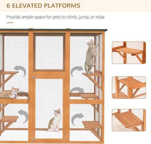 PawHut Outdoor Cat House Big Catio Wooden Feral Cat Shelter Enclosure with Large Spacious Interior, 6 High Ledges, Weather Protection Asphalt Roof, 71" L, White in Saudi Arabia