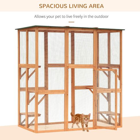 PawHut Outdoor Cat House Big Catio Wooden Feral Cat Shelter Enclosure with Large Spacious Interior, 6 High Ledges, Weather Protection Asphalt Roof, 71" L, White in Saudi Arabia