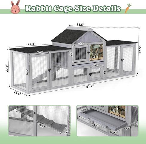 COZIWOW 82inches Extra Large Wood Rabbit Hutch Outdoor Easy to Assemble and Stable Bunny Cage Indoor with Cleaning Tray & Waterproof Roof for Small and Medium Bunny Rabbit Chick (Grey) in Saudi Arabia