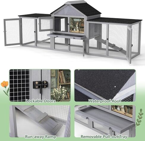 COZIWOW 82inches Extra Large Wood Rabbit Hutch Outdoor Easy to Assemble and Stable Bunny Cage Indoor with Cleaning Tray & Waterproof Roof for Small and Medium Bunny Rabbit Chick (Grey) in Saudi Arabia
