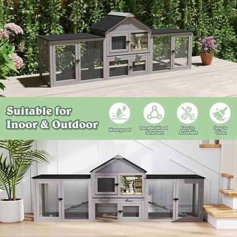 COZIWOW 82inches Extra Large Wood Rabbit Hutch Outdoor Easy to Assemble and Stable Bunny Cage Indoor with Cleaning Tray & Waterproof Roof for Small and Medium Bunny Rabbit Chick (Grey) in Saudi Arabia