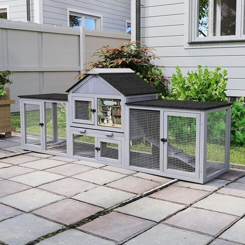 COZIWOW 82inches Extra Large Wood Rabbit Hutch Outdoor Easy to Assemble and Stable Bunny Cage Indoor with Cleaning Tray & Waterproof Roof for Small and Medium Bunny Rabbit Chick (Grey) in Saudi Arabia