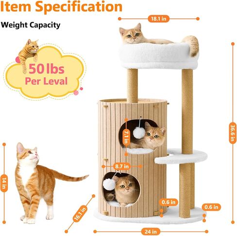 شجرة القط الحديثة للقطط الداخلية البالغة كبيرة ، 36in H Cat Condo Tower مع وظائف الخدش ، كهف سرير القط المريح ، وسائد قابلة للغسل ، كرات متدلية ، هيكل اللعب والقيلولة لجميع سلالات القطط والبني in Kuwait