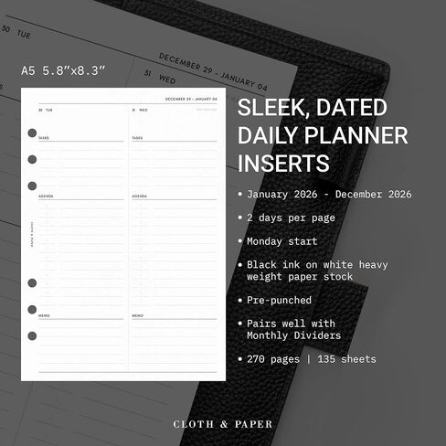 Cloth & Paper 2026 Dated Daily Planner Inserts - Monday Start | A5 Size 5.8 x 8.3 Inches | 6 Ring Planner Refills | 2 Days Per Page | Minimalist Daily Organizer Pages | Heavyweight Paper in Kuwait