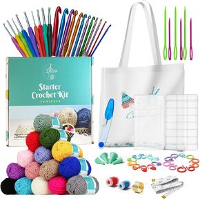 Starter Crochet Kit for Beginners Adults- Complete Knitting Kit for Beginners with 15 Colorful Yarn Skeins, Crochet Hooks, Tote Bag, Supplies Organizer & More- All in One Crochet Accessories Kit in Saudi Arabia