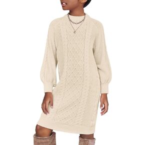 Arshiner Girl's Sweater Dress Puff Long Sleeve Casual Cable Knit Pullover Fall Dresses for 6-12 Years in Kuwait
