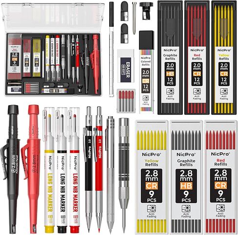 Nicpro 24PCS CP3000 Mechanical Carpenter Pencil Set with Sharpener & Sheath, Lead Refills, Long Nib Marker, Center Punch, Carbide Scribe Tools, Heavy Duty Construction Pencil for Architect Woodworking in Saudi Arabia