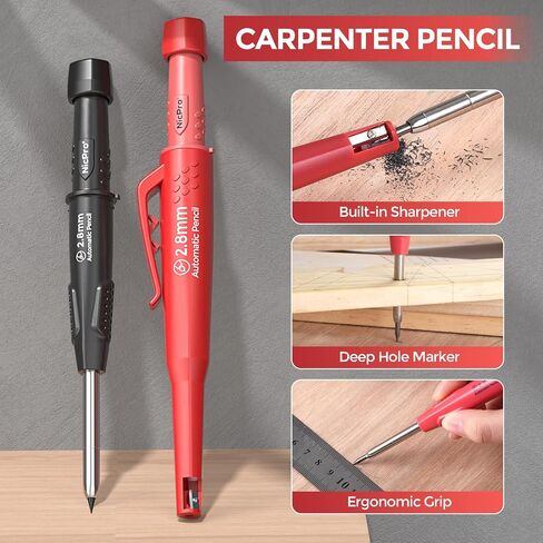 Nicpro 24PCS CP3000 Mechanical Carpenter Pencil Set with Sharpener & Sheath, Lead Refills, Long Nib Marker, Center Punch, Carbide Scribe Tools, Heavy Duty Construction Pencil for Architect Woodworking in Saudi Arabia
