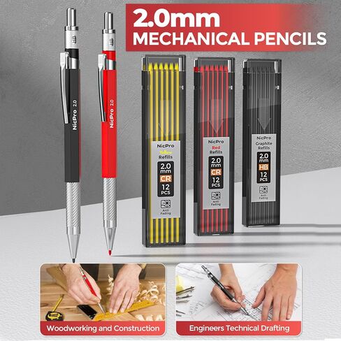 Nicpro 24PCS CP3000 Mechanical Carpenter Pencil Set with Sharpener & Sheath, Lead Refills, Long Nib Marker, Center Punch, Carbide Scribe Tools, Heavy Duty Construction Pencil for Architect Woodworking in Saudi Arabia