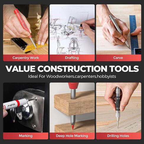 Nicpro 24PCS CP3000 Mechanical Carpenter Pencil Set with Sharpener & Sheath, Lead Refills, Long Nib Marker, Center Punch, Carbide Scribe Tools, Heavy Duty Construction Pencil for Architect Woodworking in Saudi Arabia