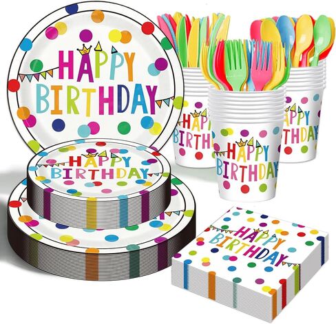 Birthday Plates & Napkins Party supplies - 175Pcs Happy Birthday Paper Plates and Napkins Sets, Disposable Happy Birthday Dots Tableware Set for Boys Girls Party Decorations, Serves 25 in Saudi Arabia