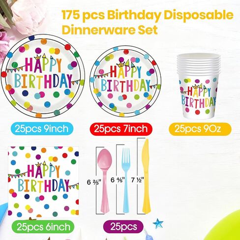 Birthday Plates & Napkins Party supplies - 175Pcs Happy Birthday Paper Plates and Napkins Sets, Disposable Happy Birthday Dots Tableware Set for Boys Girls Party Decorations, Serves 25 in Saudi Arabia