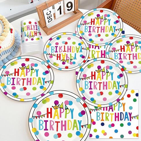Birthday Plates & Napkins Party supplies - 175Pcs Happy Birthday Paper Plates and Napkins Sets, Disposable Happy Birthday Dots Tableware Set for Boys Girls Party Decorations, Serves 25 in Saudi Arabia