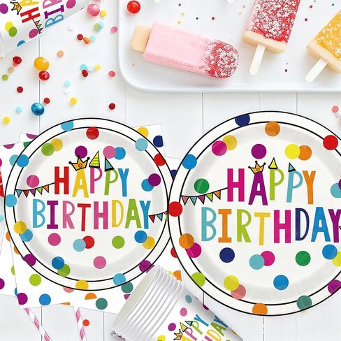 Birthday Plates & Napkins Party supplies - 175Pcs Happy Birthday Paper Plates and Napkins Sets, Disposable Happy Birthday Dots Tableware Set for Boys Girls Party Decorations, Serves 25 in Saudi Arabia