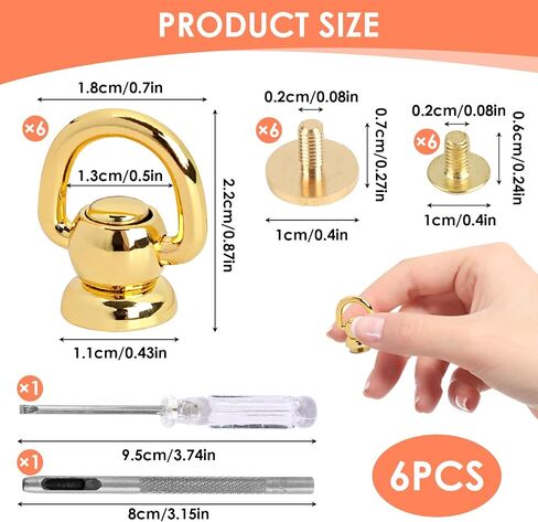 MILAKE 6 Pcs Rotatable D Rings for Purse Hardware Kit, Solid Brass Leather Rivets with Screw Posts, Hole Punch and Screwdriver for Handbag Strap Repair, Dog Collar, Sewing Craft (Gold) in Kuwait