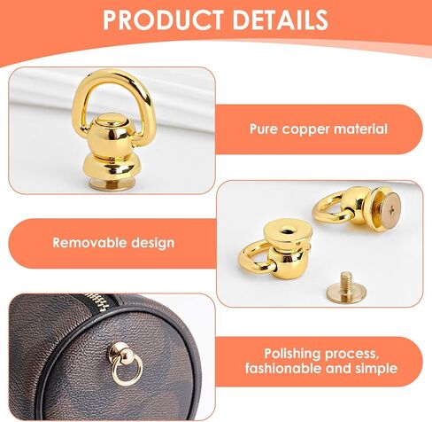 MILAKE 6 Pcs Rotatable D Rings for Purse Hardware Kit, Solid Brass Leather Rivets with Screw Posts, Hole Punch and Screwdriver for Handbag Strap Repair, Dog Collar, Sewing Craft (Gold) in Kuwait