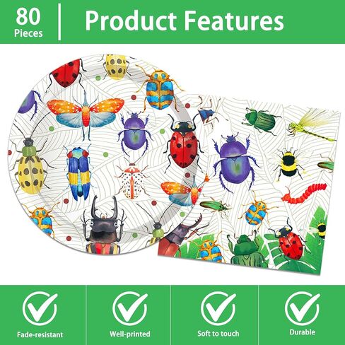 Bugs Party Plates and Napkins for 40 Guests 80 Pcs Ladybugs Bee Reptile Party Supplies Disposable Tableware Set Bow Plates and Napkins for Nature Insect Theme Birthday Baby Shower Party Supplies in Saudi Arabia