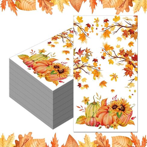 40PCS Fall Paper Napkins Decorations Thanksgiving Guest Napkins with Autumn Leaf, Pumpkin Luncheon & Sunflower Designs Decorative Papers Napkin for Autumn Thanksgiving Party Supplies, 4.3x7.9 Inch in Saudi Arabia
